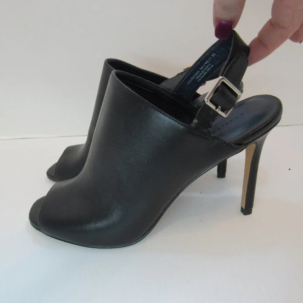 Charles & Keith Black Sling Back Peep Toe Stiletto Heels - Picture 3 of 12